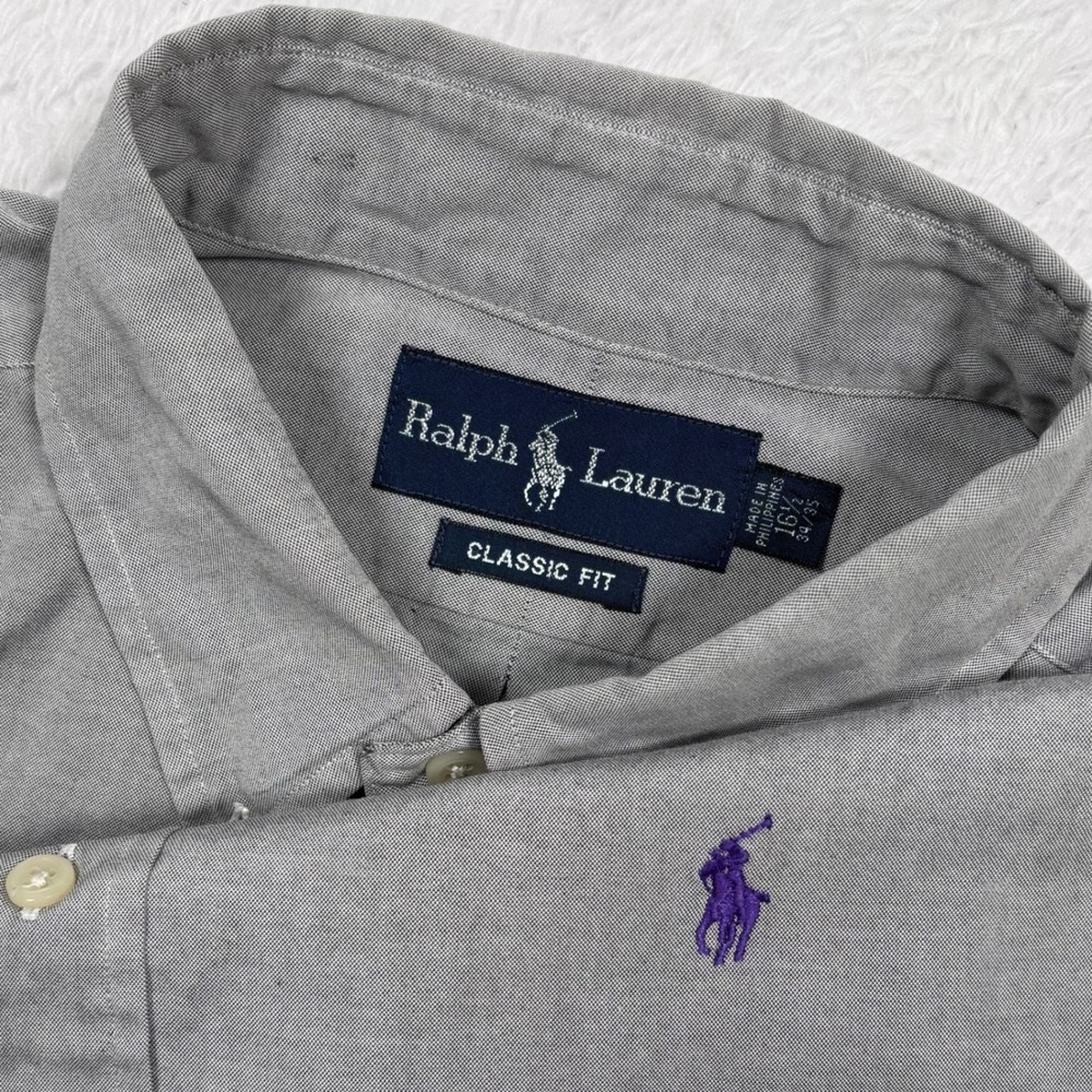 Ralph Lauren Button Shirt Men L 16.5 34/35 Gray Chambray PONY LOGO Preppy Oxford